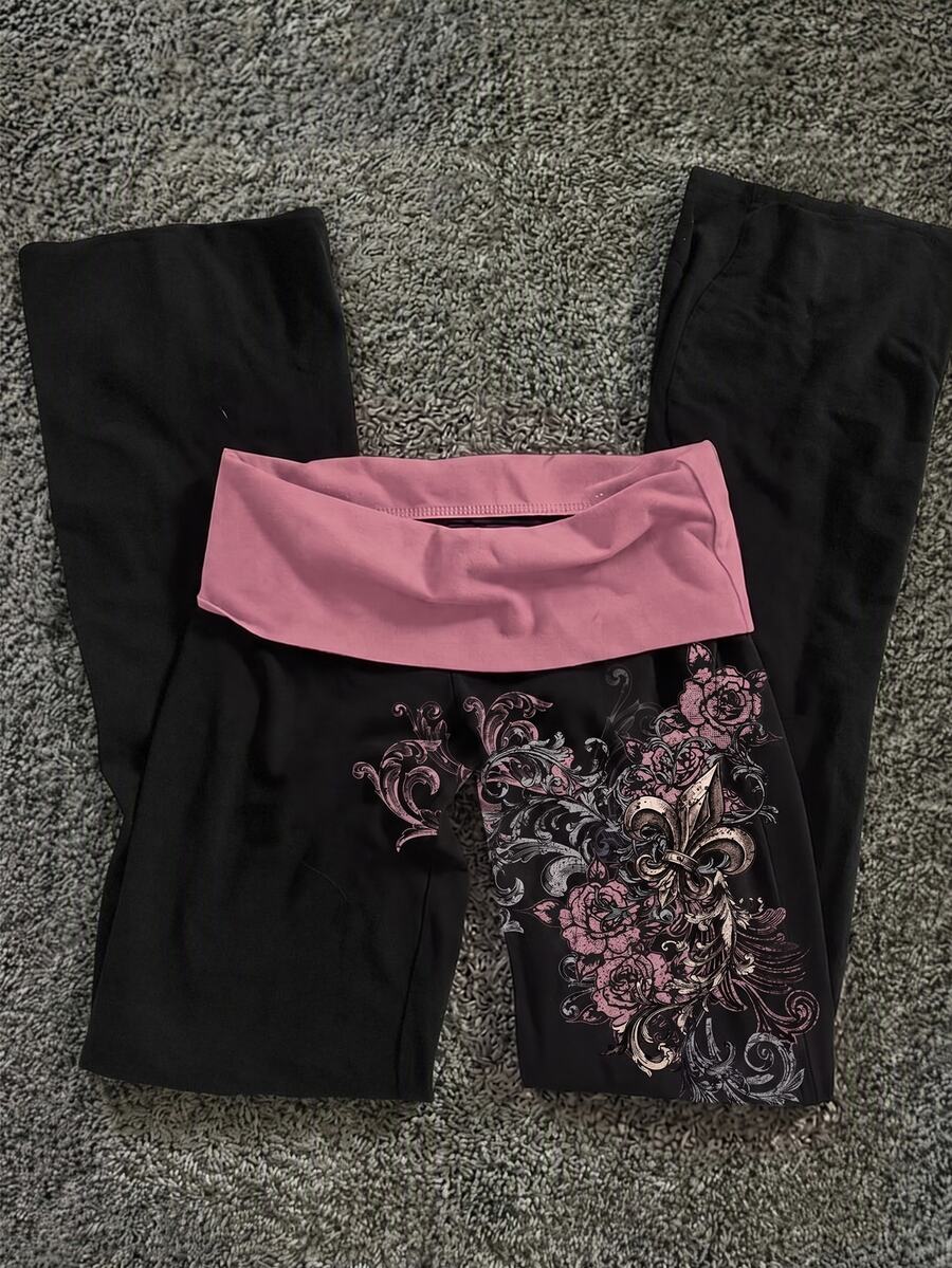 Attitoon 女款休閒拼接撞色百搭日常長褲，粉黑撞色單側印花，街頭時髦高端極簡酷感機車風工裝褲，時尚Y2K學院風返校校園穿搭社團服飾，青年休閒風 - 彩色 - 查看 1