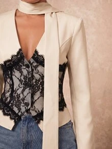 Lumalex Women's Elegant Commute Black & White Color Block Black Lace Design Blazer Jacket, Autumn Style,Teacher - Apricot - View 3