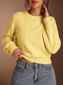 SHEIN BASICS 女款休閒百搭米白色圓領長袖針織毛衣，秋季女裝，適合上班、日常、居家、辦公室穿搭 - 淡黃色 - 查看 5