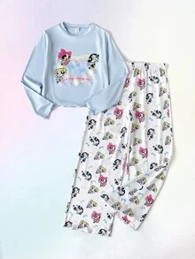 THE POWERPUFF GIRLS X SHEIN Set Piyama Rumahan Anak Perempuan Remaja Lucu Manis Minimalis Motif Kartun Warna-warni Leher Bulat Lengan Panjang Berkerut Celana Panjang Lembut Nyaman 2 Potong - MultiWarna - View 8