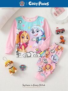 Cozy Pixies | PAW Patrol 2件組少女款 Paw Patrol 聯名粉色漸層狗狗印花圓領長袖睡衣上衣與內搭褲家居服套裝 - 粉色 - 查看 3