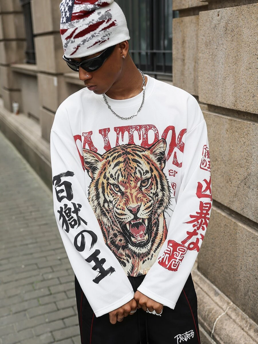 Major Grit Men's Street Animal Print Long Sleeve T-Shirt, Fashionable ...