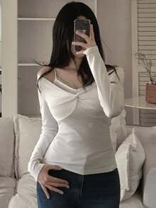 DAZY Solid Color Slim Fit Twisted Lace Trim Casual Vacation Korean Style Young Women Spring Autumn Top T-Shirt Long Sleeve Tops - White - View 8