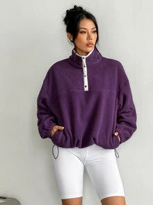Easithlete Loose Fleece Half-Button Stand Collar Sweatshirt, Casual Sports Top For Autumn/Winter - Purple - View 3