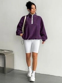 Easithlete Loose Fleece Half-Button Stand Collar Sweatshirt, Casual Sports Top For Autumn/Winter - Purple - View 4