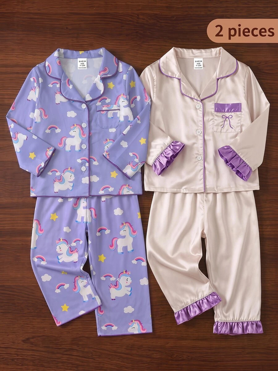 SHEIN 女嬰卡通印花上衣與長褲居家服套裝 - 紫色 - 查看 1