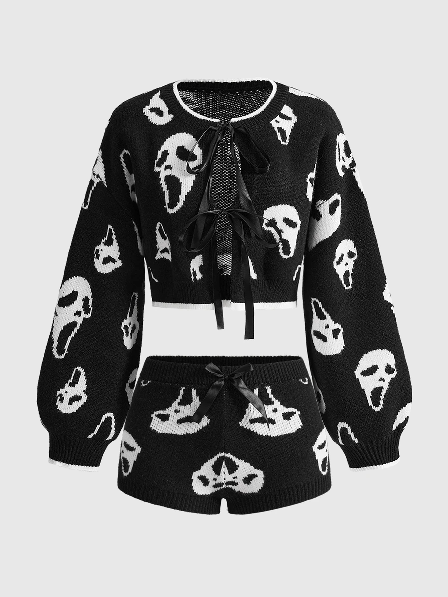 ROMWE Grunge Punk 2pcs/Set Women Leopard Print Bow Decor Sweater - Black and White - View 1