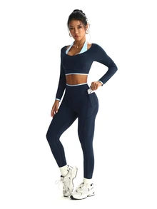 StreetHx Women's Cropped Long Sleeve Top And Leggings Sports Set - Multicolor - View 4