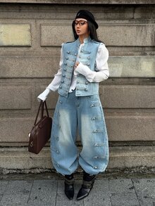 StreetHx Fashion Street Style Rivet Button Denim Jacket - Light Wash - View 9