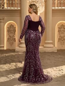 Glamrae Plus Size Elegant Luxury New Beaded Sequin Embroidered Lace Bubble Patchwork Elastic Knit Ruched Mermaid Dress With Puff Sleeves, Suitable For Wedding Events, Bachelorette Party, Vacation, Prom, Evening Gown (Intricate Design) - Burgundy - View 2