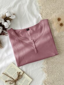 Tseoso 女款新款棉感蓮紫色 95%棉半開鈕扣 T-shirt，四季百搭，適合春秋居家穿著 - 藕粉色 - 查看 6