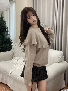 DAZY 女款素色寬鬆百褶荷葉邊休閒甜美韓風秋冬針織套頭毛衣 - 卡其色 - 查看 5