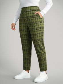 Comfylo 大尺碼女款格紋休閒長褲，附口袋與側開衩，適合度假、新年、冬季、商務、秋季返校 - 軍綠色 - 查看 4