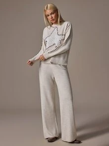 SHEIN طقم كنزة ناعمة بأكمام طويلة مطرزة بالنجوم مع دانتيل وغرزة وبنطال كنزة 2 قطعة متناسق - لون مشمشي - مشاهدة 3