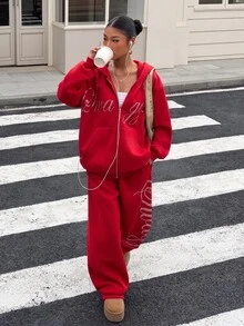 Muchica 女款寬鬆水鑽口袋街頭風運動長褲 - 紅色 - 查看 4