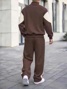 Manfinity Homme Men's Loose-Fit 2 Pieces Polyester Quarter-Zip Sweatshirt And Sweatpants Set With Brown And Khaki Color Block For Streetwear - Multicolor - View 2