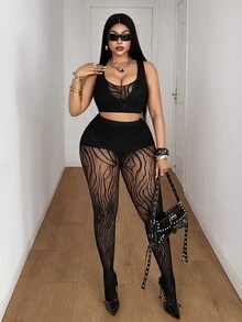 Maweii طقم نسائي مقاس كبير من ملابس علوية وبنطلون بتصميم شبكي مرقع مثير - الأسود - مشاهدة 2