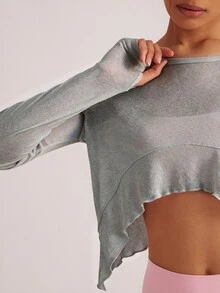 Activina 女款純色長袖休閒運動T恤與背心套裝，春夏白色，適合外出、健身、瑜伽、運動、休閒、網眼芭蕾日常穿搭 - 灰色 - 查看 5