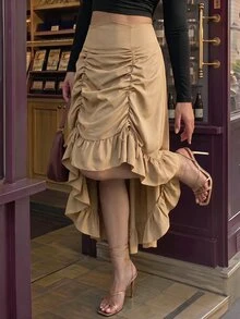 SHEIN MOD Chân váy cạp cao size lớn vạt bất đối xứng, chiều dài tùy chỉnh, xếp ly trước bèo nhún, thiết kế đảo ngược, phong cách retro Renaissance Fair Goth Rave mùa thu màu đen - Màu Khaki - Xem 2
