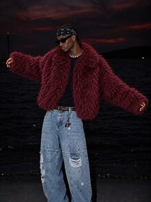 STEELVANCE Men's Solid Color Lapel Long Sleeve Loose Fit Faux Fur Jacket - Burgundy - View 3