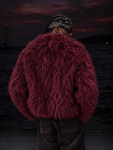 STEELVANCE Men's Solid Color Lapel Long Sleeve Loose Fit Faux Fur Jacket - Burgundy - View 2