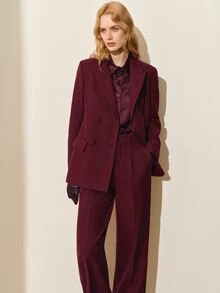 MOTF PREMIUM WOMEN'S STRIPED WOOL BLEND BELTED BLAZER JACKET, AUTUMN/WINTER - Burgundy - View 4