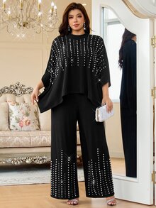 Reflora Plus Size Women's Round Neck Top And Long Pants Casual Daily 2 Pieces Set - Black - View 4
