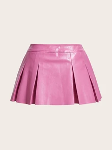 SHEIN ICON 純色PU皮革百褶裙 - 粉色 - 查看 3