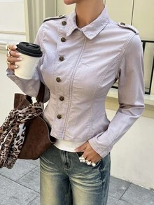 Livesso Women's Light Gray Washed Loose Fit Long Sleeve Cropped Denim Jacket With Collar, Buttons And Pocket Decor, Autumn - Light Grey - View 4