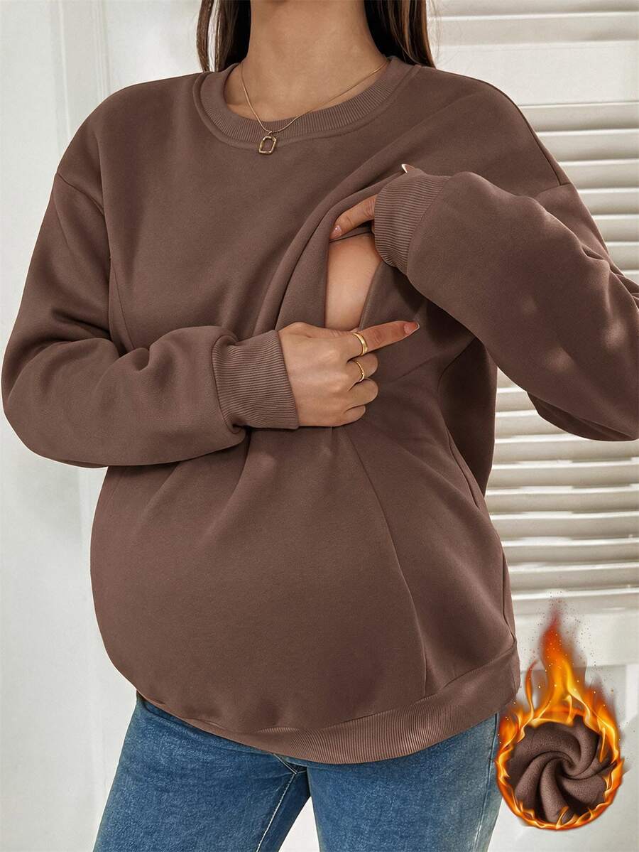 SHEIN 孕婦休閒純色哺乳上衣,秋冬抓絨寬鬆孕婦連帽衛衣女款運動衫 - 咖啡棕 - 查看 1