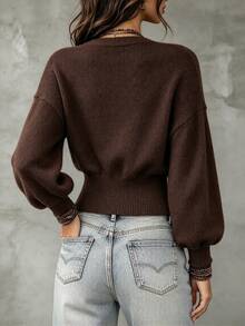 SHEIN PariChic Women Boho Wrap VNeck Cropped Sweater, Puff Long Sleeve Button Side Ribbed Hem Knit Top, Casual Fall Solid Color Knit Pullover - Coffee Brown - View 2