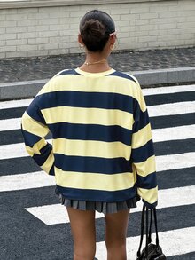 Muchica 女款條紋字母印花撞色圓領長袖T恤，適合外出、街頭風、Y2K風格 - 藏蓝色 - 查看 2