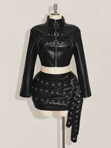 SHEIN ICON Plus Size Women Solid Color Button Design Casual Versatile Long Sleeve Jacket - Black - View 4