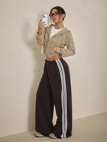 SHEIN PETITE بنطال رياضي نسائي بتصميم كتل لونية كاجوال متعدد الاستخدامات للارتداء اليومي - شوكولاته بني - مشاهدة 3