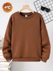 SHEIN 1件青少年男孩休閒大學風舒適時尚極簡街頭風寬鬆實用百搭大字母圖案厚款運動衫，適合日常穿著、上學、旅行、運動，秋冬款 - 棕色 - 查看 2