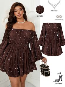 Femmeverse Women's Plus Size New Pearl Decor Cold Shoulder Ruffle Collar Pleated Loose Waist Belt Bow A-Line Short Jumpsuit - Coffee Brown - View 1