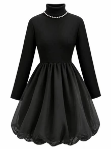 SHEIN 青少年女孩簡約串珠優雅燈籠下擺洋裝，秋冬日常穿著，適合四季 - 黑色 - 查看 5