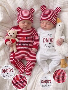 SHEIN Vintaside Kids 2套新生兒純色白色灰色連身衣居家秋冬可愛長袖圓領棉質條紋褲 2件組柔軟舒適室內家居服 - 彩色 - 查看 6