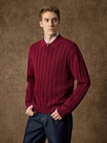 Manfinity CityGents 聖誕男士半拉鍊長袖休閒百搭毛衣，溫馨家庭氛圍親子情侶套裝，最佳節日禮物 - 彩色 - 查看 4