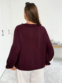 Shapeblank Women's Plus-Size Spring/Autumn Fashionable, Casual, Loose, And Comfortable Everyday Blouse – V-Neck, Long-Sleeve, Ruffled, Burgundy-Purple,Outfits - Red Violet - View 3