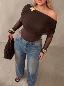 Auralis Plus Size Asymmetrical Shoulder Metal Buckle Decor Cinched Waist Long Sleeve Mesh High Elastic Brown Bodysuit/Elegant Party Winter - Brown - View 8