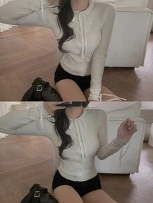 DAZY Solid Color Slim Fit Drawstring Tie Elegant Vacation Korean Style Autumn/Winter Women's Cardigan - White - View 2