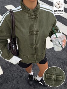 Muchica 女款拼色休閒百搭日常穿著長袖夾克 - 軍綠色 - 查看 1