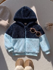 SHEIN 中性嬰兒男/女嬰秋冬保暖內裡加厚拼色拼接連帽外套，嬰兒男童秋冬服飾，復古風 - 藍色 - 查看 3