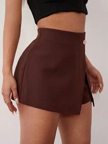 SHEIN SXY تنورة قصيرة نسائية بلون موحد كاجوال متعددة الاستخدامات للاستخدام اليومي - قهوة بني - مشاهدة 3
