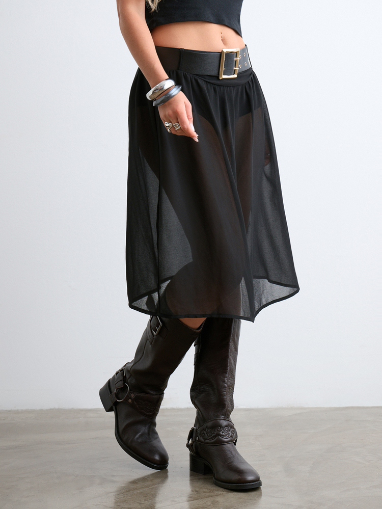 BAD SUNDAY Women's Autumn/Winter Transparent Shorts With Rivet Belt, Vintage Knee-Length Skirt, Y2K Hot Girl Style - Black - View 7