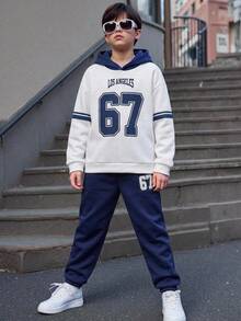 SHEIN 2件組兒童青少年男孩休閒運動字母數字67圖案撞色連帽衛衣長袖運動衫與長褲套裝，適合通勤、上學、日常休閒、度假旅行、運動，秋冬款 - 寶藍色 - 查看 4