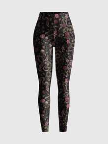 ROMWE Goth Forest Floral Snake Moon Sun Star Sexy Hot Girl Tight Leggings For Women - Black - View 1
