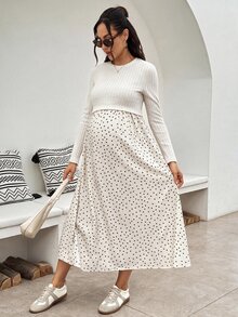 SHEIN 孕婦綠色長袖圓領休閒百搭洋裝，秋季女裝穿搭 - 白色 - 查看 6