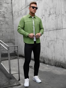 Manfinity CasualCool 男士單排扣休閒百搭日常穿著襯衫 - 軍綠色 - 查看 5
